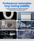 Collage showing uses of heavy duty epoxy adhesive for metal, plastic, ceramic, wood, and glass, including plumbing and automotive applications