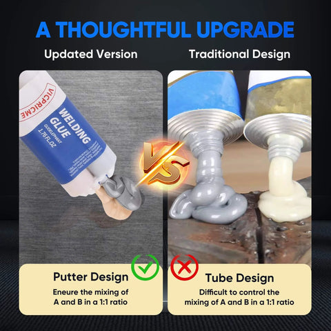 Comparison of epoxy adhesive: updated putter design vs. traditional tube design for even mixing in 1:1 ratio.