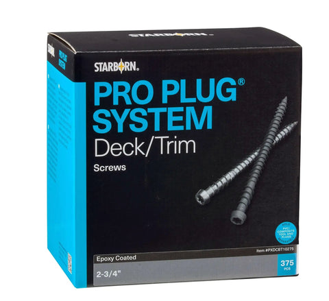 Box of epoxy coated size ten 2 and 3 quarters inches star drive decking screws for PVC and composite Pro Plug System, 375 pack