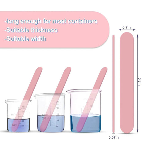 Epoxy Resin Stir Sticks Set 20 PVC Mixing Sticks In 4 Colors shown in various beakers with liquid for resin crafts