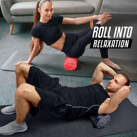 People using High Density EPP Round Foam Roller For Back Relief, Yoga And Pilates Training, Firm Deep Tissue Massage Tool, Blue Speckled 36 Inch