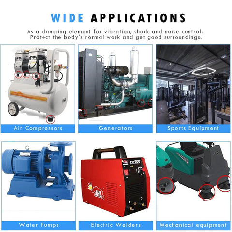 Wide applications of M6 rubber isolator mounts in air compressors, generators, water pumps, and mechanical equipment.