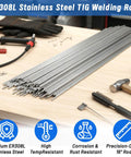 ER308L Stainless Steel TIG Welding Rods 0.0625 Inch Diameter 16 Inch Length Pack Of 20 Low Carbon Filler displayed on workbench.