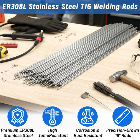 ER308L Stainless Steel TIG Welding Rods 0.0625 Inch Diameter 16 Inch Length Pack Of 20 Low Carbon Filler displayed on workbench.
