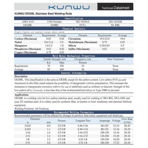 Technical datasheet for ER308L Stainless Steel TIG Welding Rods For 304L And 308L Welds, 0.0625 Inch Diameter, 36 Inch Length, 1 Pound Pack