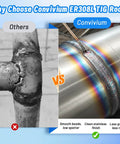 Comparison of Convivium ER308L TIG rods welding with smooth beads and clean finish versus uneven welds on stainless steel pipe.