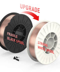 Comparison of fragile black spool and strong white spool for ER70S-6 MIG Wire Solid Carbon Steel.035 Inch 10 Lb Spool For DIY Friendly Feeds And Smooth Welds Copper Coated Wire With High Feedability Compatible With CO2 Or Argon CO2 Gas Mixes ABS Plastic Spool