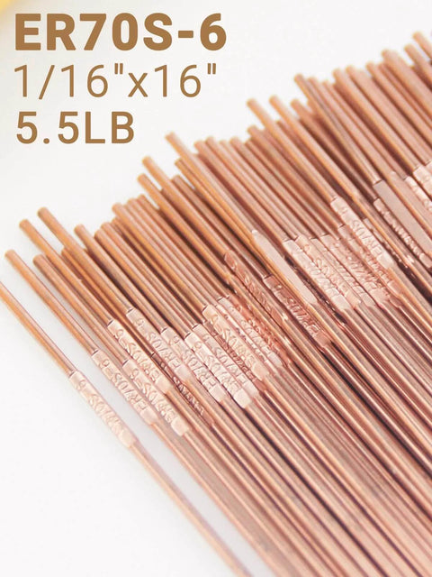 ER70S-6 TIG Welding Rod For Mild Steel One Sixteenth Inch By Sixteen Inch 5.5 Lb Pack displayed in a fan arrangement