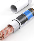 Open package of ER70S-6 TIG Welding Rod For Mild Steel 3 32nd Inch Diameter 16 Inch Length 5 Pound Pack showing copper rods and waterproof container.