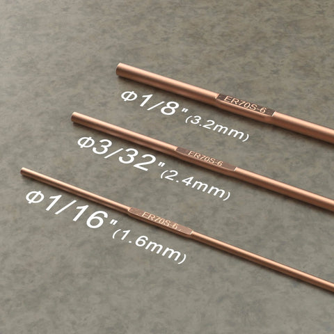 Three ER70S-6 TIG Welding Rods for Mild Steel shown in varying diameters including 1/16, 3/32, and 1/8 inch.