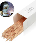 ER70S-6 Mild Steel TIG Welding Rod Sixteen Inch Length One Sixteenth Diameter Two Pound Pack shown in white box with welding sparks