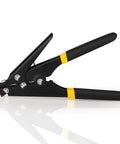 Side view of black ergonomic Zip Tie Tool For Easy Tensioning And Cutting Of Cable Ties 2.4 To 9 Millimeters, with yellow accents