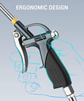 Extendable air blow gun with a 19 to 28 inch nozzle, ergonomic all-metal body, rubber grip, 200 PSI, shown in a hand.