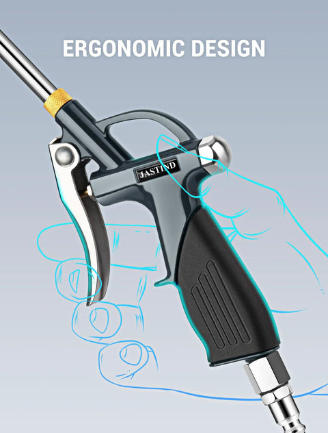 Extendable air blow gun with a 19 to 28 inch nozzle, ergonomic all-metal body, rubber grip, 200 PSI, shown in a hand.