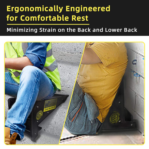 Ergonomic tool for comfortable rest, minimizing back strain, showing two people sitting on black triangular supports against wall.