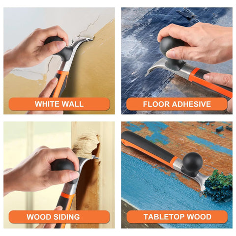Ergonomic Carbide Scraper Tool Two And One Half Inch in use on wall, floor adhesive, wood siding, and tabletop, showing versatility.