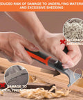 Hands using Ergonomic Carbide Scraper Tool Two And One Half Inch For Removing Varnish Paint Glue with non-slip handle on wood