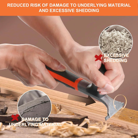Hands using Ergonomic Carbide Scraper Tool Two And One Half Inch For Removing Varnish Paint Glue with non-slip handle on wood