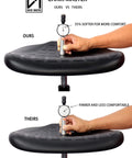 Comparison of Boss Bench Height Ergonomic Chair Stool With Easy To Clean Polyurethane Seat showing softness of our seat vs. theirs