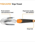 Side view of Heavy Duty Gardening Hand Trowel With Hang Hole For Digging And Planting Cast Aluminum Rust Resistant Head Ergonomic Handle