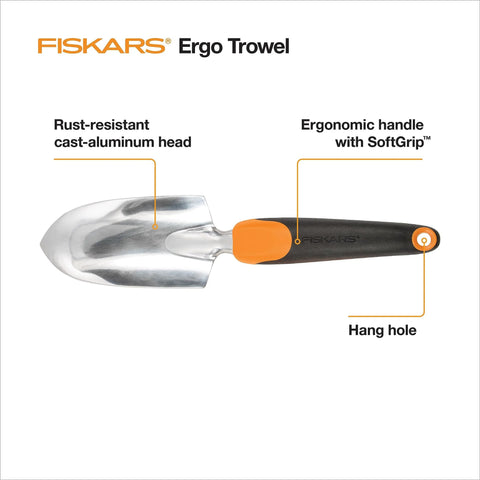 Side view of Heavy Duty Gardening Hand Trowel With Hang Hole For Digging And Planting Cast Aluminum Rust Resistant Head Ergonomic Handle