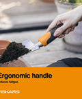 Person using Heavy Duty Gardening Hand Trowel With Hang Hole For Digging And Planting Cast Aluminum Rust Resistant Head to scoop soil