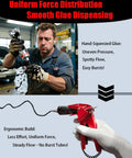 Person squeezing RTV silicone glue manually and ergonomic dispensing tool showing controlled application with consistent flow