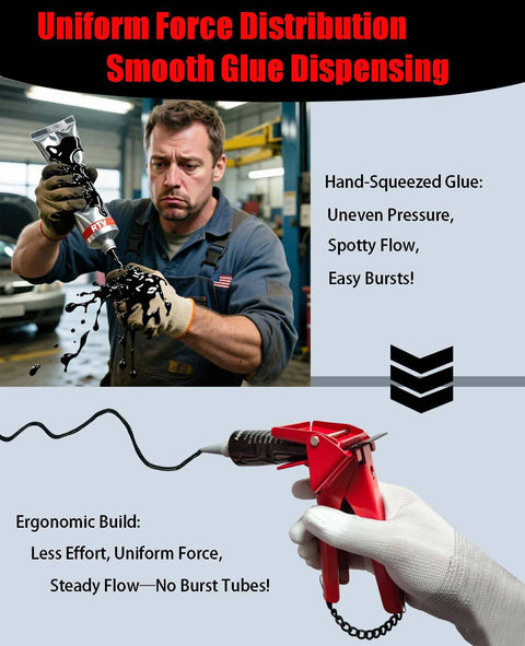 Person squeezing RTV silicone glue manually and ergonomic dispensing tool showing controlled application with consistent flow
