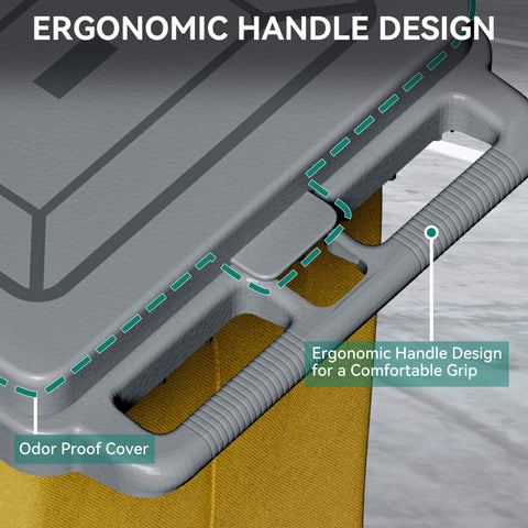 Top view of gray ergonomic handle on Heavy Duty Janitorial Cart On Wheels With Locking Lid And 3 Shelf Design For Pro Grade Commercial Cleaning
