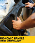 Close-up on ergonomic handle of Heavy Duty Tilt Dump Truck Cart For 450 Lb Loads With Wheels Ideal For Trash And Recycling In Construction And Industrial Environments Rubbermaid Commercial Tilt Dump Truck Half Cubic Yard Capacity Through Doors Elevators.