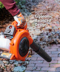 Person holding a Powerful 28cc Gas Leaf Blower With 1.1 HP Two Cycle Engine, 470 CFM Air Volume And 170 MPH Air Velocity on a walkway.