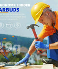 Worker using noise canceling wireless neckband earbuds for work and industrial safety, lightweight design shown with hammer in hand