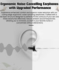 Illustration of ergonomic noise-cancelling earphones in an ear with sound wave graphic