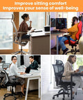 People using ergonomic office chairs in various settings to improve sitting comfort and well-being