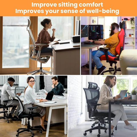 People using ergonomic office chairs in various settings to improve sitting comfort and well-being