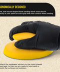 Gloved hand using Round 5 Inch Hand Sanding Block Pad For Hook And Loop PSA Discs Adapter on surface