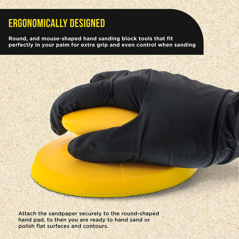 Gloved hand using Round 5 Inch Hand Sanding Block Pad For Hook And Loop PSA Discs Adapter on surface
