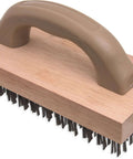 Ergonomic Steel Butcher Block Scratch Brush, 9-3/8” with wooden handle and tempered steel bristles, side angle view