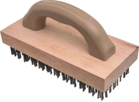 Ergonomic Steel Butcher Block Scratch Brush, 9-3/8” with wooden handle and tempered steel bristles, side angle view