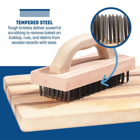 Ergonomic Steel Butcher Block Scratch Brush, 9-3/8” with tempered bristles on wooden cutting board