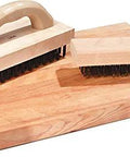 Ergonomic Steel Butcher Block Scratch Brush, 9-3/8", with tempering steel bristles on wooden cutting block