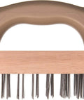 Top view of Ergonomic Steel Butcher Block Scratch Brush, 9-3/8", showing wood block and steel bristles.