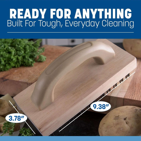 Ergonomic Steel Butcher Block Scratch Brush, 9-3/8” with wooden handle and bristles on counter.