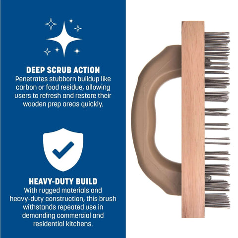 Side view of Ergonomic Steel Butcher Block Scratch Brush, 9-3/8” with bristles and ergonomic handle.
