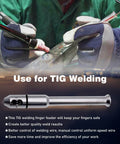 Ergonomic TIG Welding Finger Feeder for Precise Wire Feed in use with gloves, showing pencil grip, fits 1.0-3.2 mm wire range.