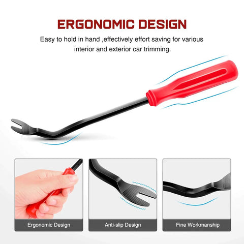 Close-up of ergonomic car panel trim removal tool from 240 Piece Car Bumper Retainer Clips Kit With Plastic Rivets Fasteners For Toyota Honda Acura GM Ford Chrysler Door Trim Panel Clips Heavy Duty Auto Fastener Set Easy Removal Save Time And Money 2 Years Warranty.