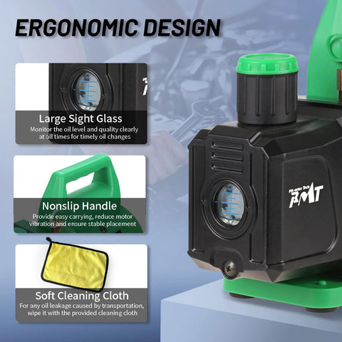 Powerful 110V One Third HP Vacuum Pump With 4.5 CFM Flow for HVAC Service featuring ergonomic design, large sight glass, nonslip handle.