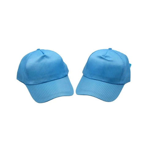 Two blue ESD Anti Static Sun Caps with Hard Brim for Cleanrooms and Industrial Work 5 Pack featuring conductive fabric and breathable mesh.