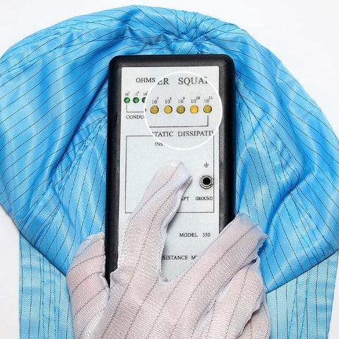 Testing ESD Anti Static Sun Caps With Hard Brim For Cleanrooms And Industrial Work 5 Pack Blue with conductivity meter