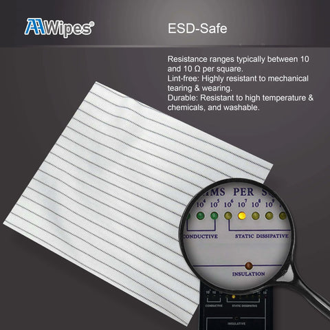 ESD Safe Cleanroom Wipes AAWipes 12x12 Inch 100 Pack Polyester Wiper Cloths With Conductive Yarn shown with magnified properties